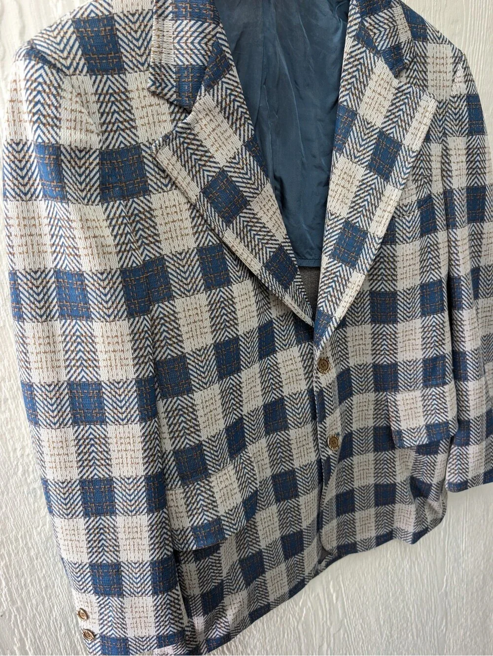 Vintage 70s Sportsman Knits Richman Brothers Blue Plaid Blazer Coat Academia 40L